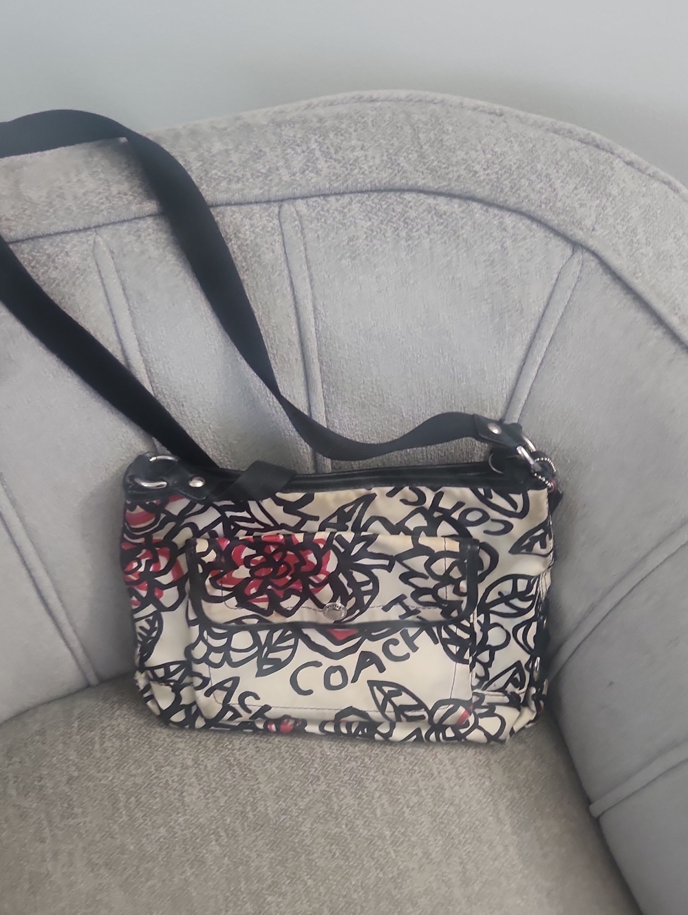 COACH Cream Floral Graphic Crossbody with Black Strap